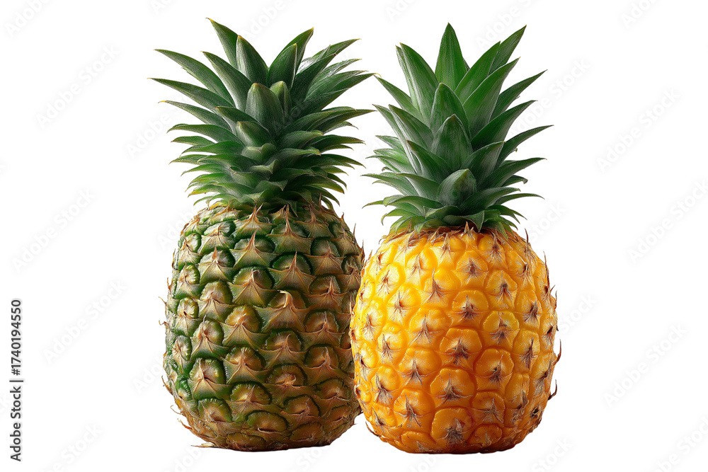 Fototapeta premium two pineapple, ripe yellow and green, isolated on white background, png style, exotic fruit