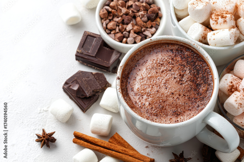 Fototapeta premium Hot chocolate with marshmallows dark chocolate pieces and cinnamon sticks a cozy winter drink for holiday celebrations