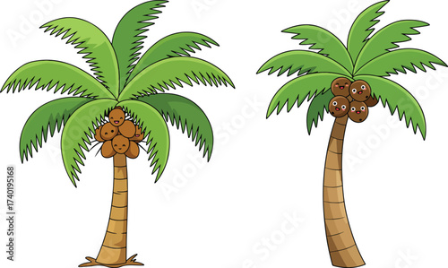 Two tropical palm trees with coconuts silhouette