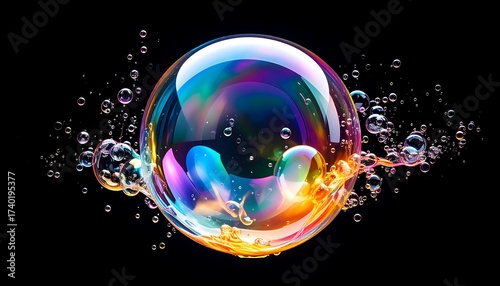 Colorful Soap Bubble on Black Background with Water Spray