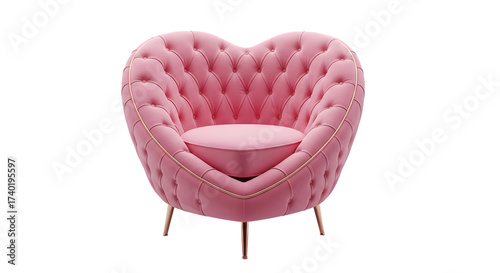 Elegant pink velvet tufted heart shaped accent chair isolated on transparent background