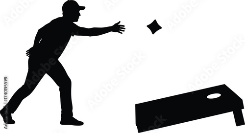 Silhouette illustration of a man throwing bean bag in cornhole game, outdoor activity, leisure sports vector design for entertainment and recreation projects
