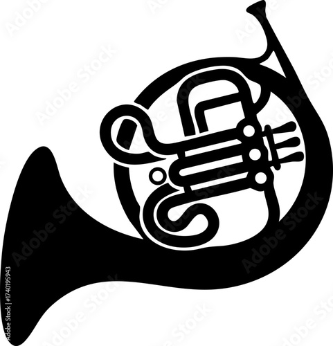 Silhouette of a horn with circular tubing and wide bell as a brass wind instrument.