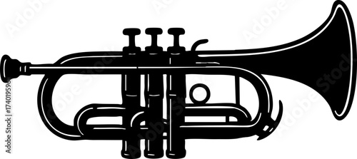 Silhouette of a trumpet with three valves and flared bell representing a brass wind instrument.