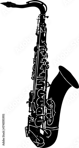 Silhouette of a tenor saxophone with curved neck, large bell, and detailed key system.
