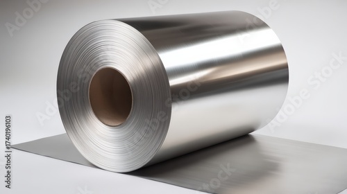Roll of shiny aluminum foil on neutral background in commercial setting