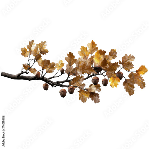 Oak branch with detailed autumn leaves and acorns, natural botanical element, high fidelity, isolated on white, evokes warm and rustic seasonal feeling