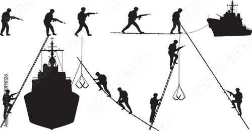 Silhouette of soldiers climbing rope ladders and boarding naval warship, military operation vector illustration, army special forces training and combat mission concept