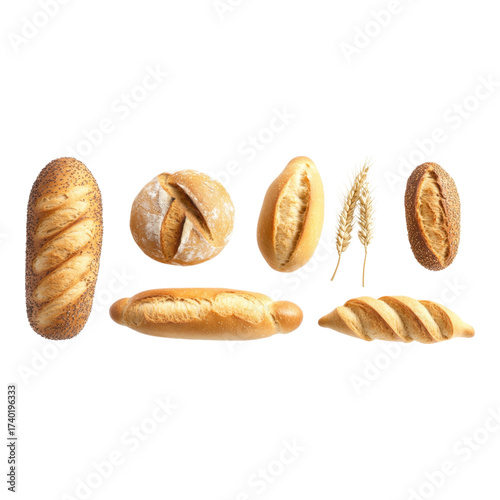 Assorted bread loaf, baguette, round bread, wheat bundle, and fresh bakery arranged on transparency background, evoking rustic and wholesome feeling