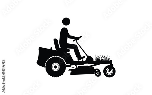 Silhouette of a person riding a lawnmower isolated on white background