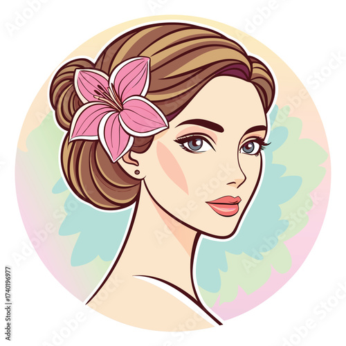 Beautiful woman with brown hair and a pink flower behind her ear, a pretty portrait on a colorful background, vector illustration