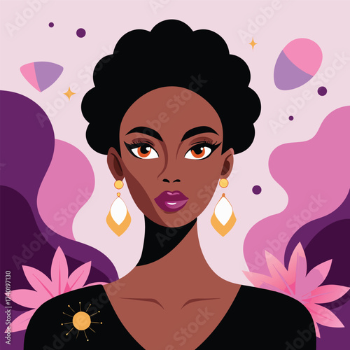 Portrait of a beautiful african american woman with afro hair, wearing gold earrings against a colorful background