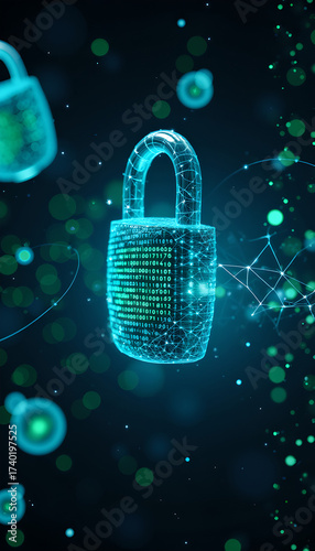 Digital padlock representing cybersecurity with glowing particles  