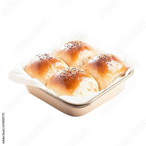 Freshly baked golden brown dinner rolls with shiny crust and sprinkled seeds in square baking dish, soft and fluffy texture, appetizing and inviting