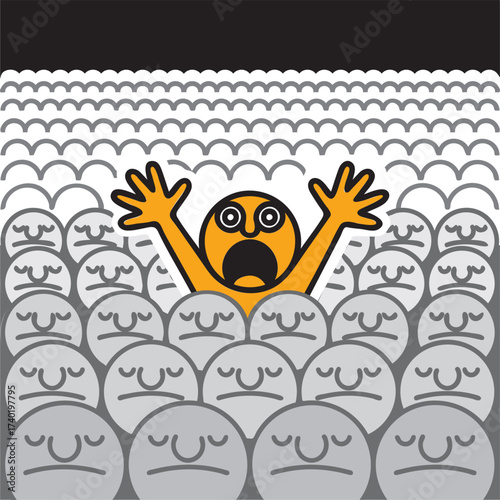 One man screams among many indifferent people. Mental health concept of feelings and emotions. Vector illustration, graphic image.