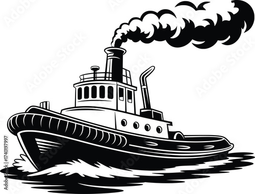 Tugboat Illustration, Vintage Ship Silhouette, Nautical Marine Vessel Design.