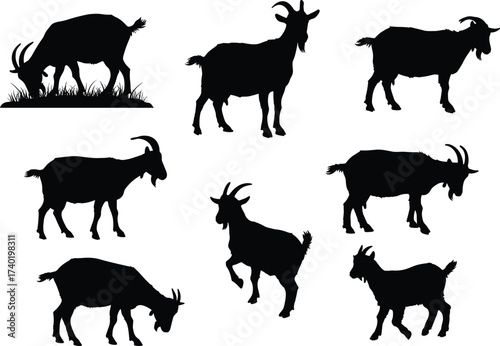 Goat silhouette collection, farm animal vector, black goat clipart, goat poses illustration, livestock graphic, agriculture design, domestic goat artwork, nature symbol