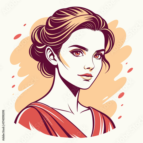 Charming woman with an elegant updo and a flowing red dress, set against a soft peach backdrop, radiating timeless beauty
