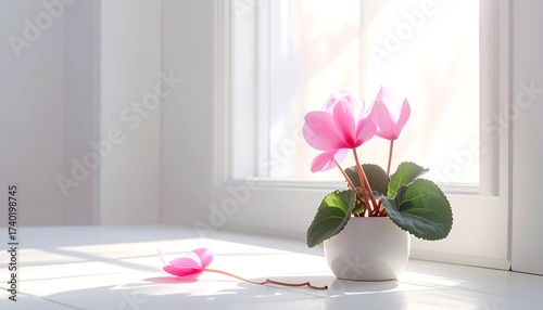 Beautiful pink cyclamen flower in white pot near window, natural light
