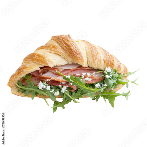 Ham, cheese, and arugula croissant sandwich with golden flaky crust, fresh greens, and savory filling, perfect for breakfast or lunch, delicious and appetizing