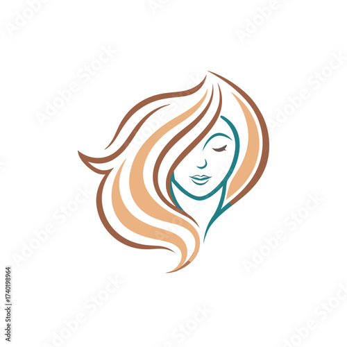 Elegant beauty logo design featuring a womans face with flowing hair, isolated on white background for a spa or salon brand