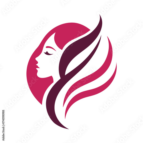 Chic beauty logo featuring a womans silhouette with stylized hair, isolated on white background for a salon or spa