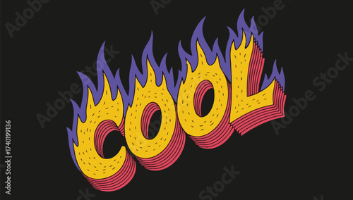 Fiery cool text design with vibrant flames in yellow orange purple and red