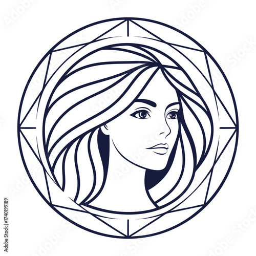 Elegant woman with long hair in a geometric circle, isolated on white background, a symbol of beauty and femininity in a modern style