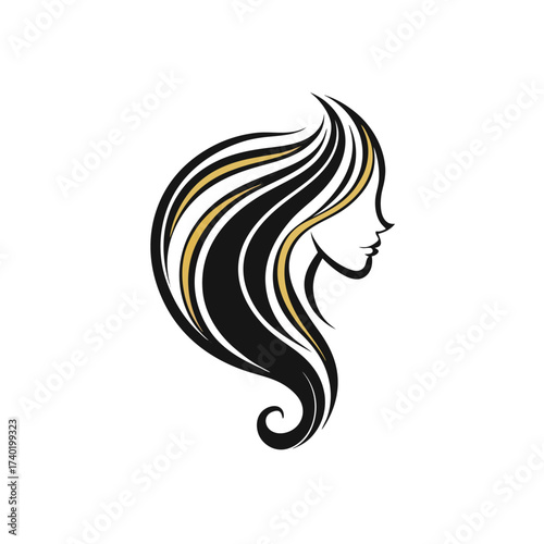 Elegant woman with long flowing hair isolated on white background, perfect for salon logo or beauty brand, showcasing style and grace