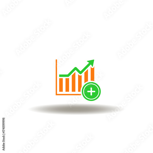 Vector illustration of growing bar chart with sign of plus. Symbol of IPO ICO business finance analytics trading.