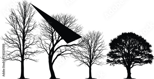 Tree silhouette vector illustration with bare branches and cutting saw, deforestation, nature conservation, logging, forest environment protection, lumberjack and woodcutting design