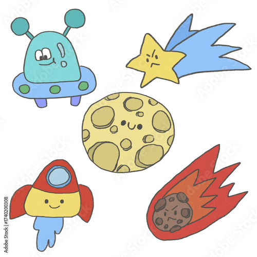 set of cartoon rocket. cosmos set. space set. cartoon character. cute doodle set. star.
