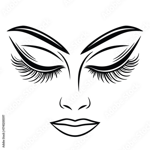 Vector illustration of a womans face with closed eyes, long eyelashes, and thick eyebrows isolated on white background