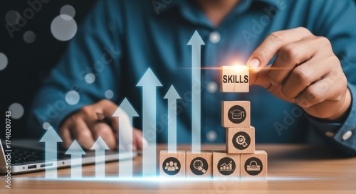 Man stacking wooden blocks with skills icon, showing growth. A conceptual image of learning and development. Professional development, educational resources, career path.