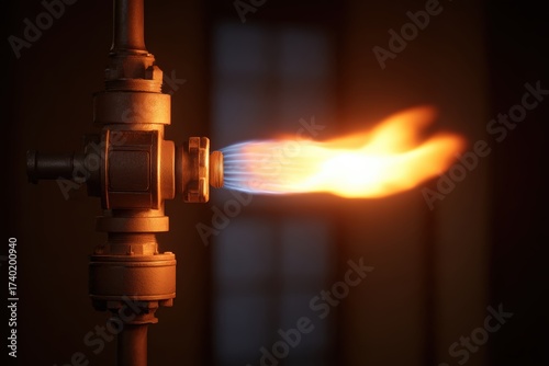 Close up of a gas valve with flame emitting blue and orange colors in a dark environment