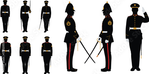 Vector illustration of military officers in ceremonial uniform with swords and saluting gesture, honor guard soldiers in formation, army parade and official ceremony