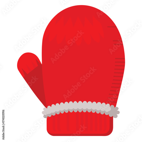 An isolated, thick, red woolen mitten, suggesting warmth, winter, and a cozy, handmade texture.