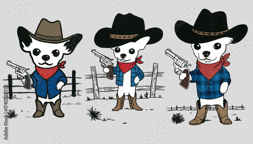 Three chihuahua dogs dressed as cowboys holding guns in a western scene