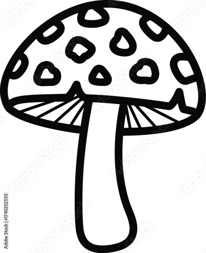 Simple black and white drawing of a spotted mushroom