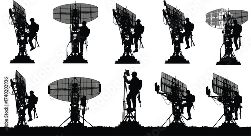 Vector silhouette illustration of soldiers operating and maintaining radar communication towers, military engineers climbing antenna structures, defense technology and army communication systems