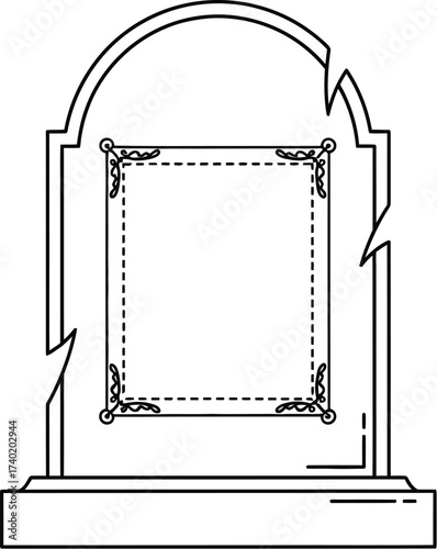 Outline drawing of a tombstone with decorative frame inside