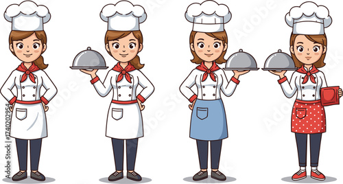 Cartoon female chef character illustration, professional woman cook in uniform, kitchen cooking design, restaurant service staff, culinary food preparation art