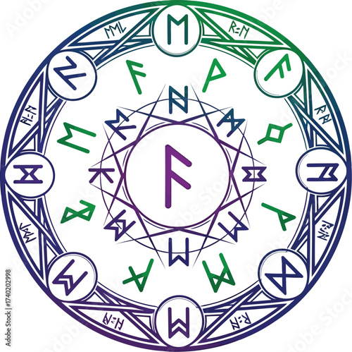 Rune circle with magical symbols in green and purple hues