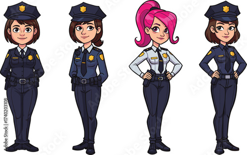 Cartoon female police officer character illustration, law enforcement woman in uniform, justice authority design, security service, crime prevention, patrol duty