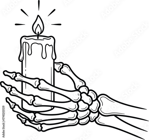 Skeleton hand holding a candle with flame in black and white