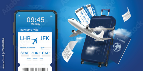 Airplane is taking off from passport with location pin. Luggage blue, air ticket and cloud float away. For media tourism advertising banner design. Holiday travel and Transport concept. 3D Vector.