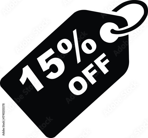 A black price tag with the words fifteen percent off on it with a white background and a loop at the top