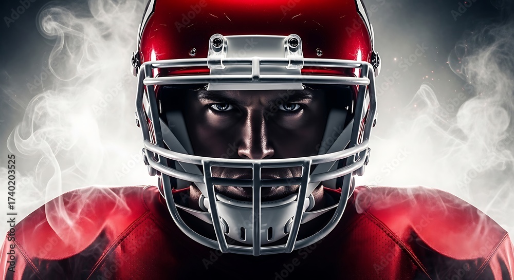 Naklejka premium Intense closeup of an american football player in a red uniform and helmet