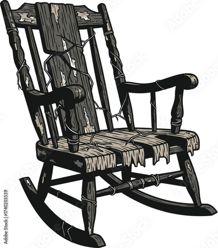 Old rocking chair with broken wood on a white background
