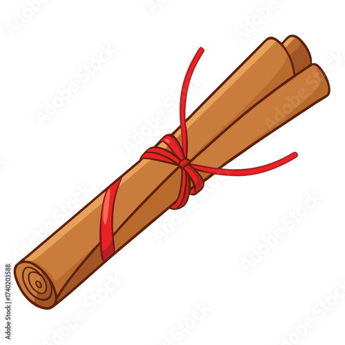 A single, isolated cinnamon stick tied with thin twine, suggesting spice, aroma, baking, and a natural, rustic feel.